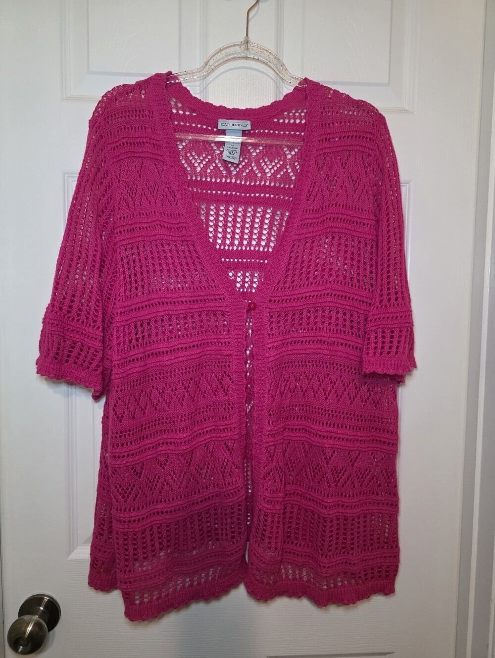 Catherines Womens Pink Short Sleeve Crochet Button Up Cardigan Sweaters Size 1X